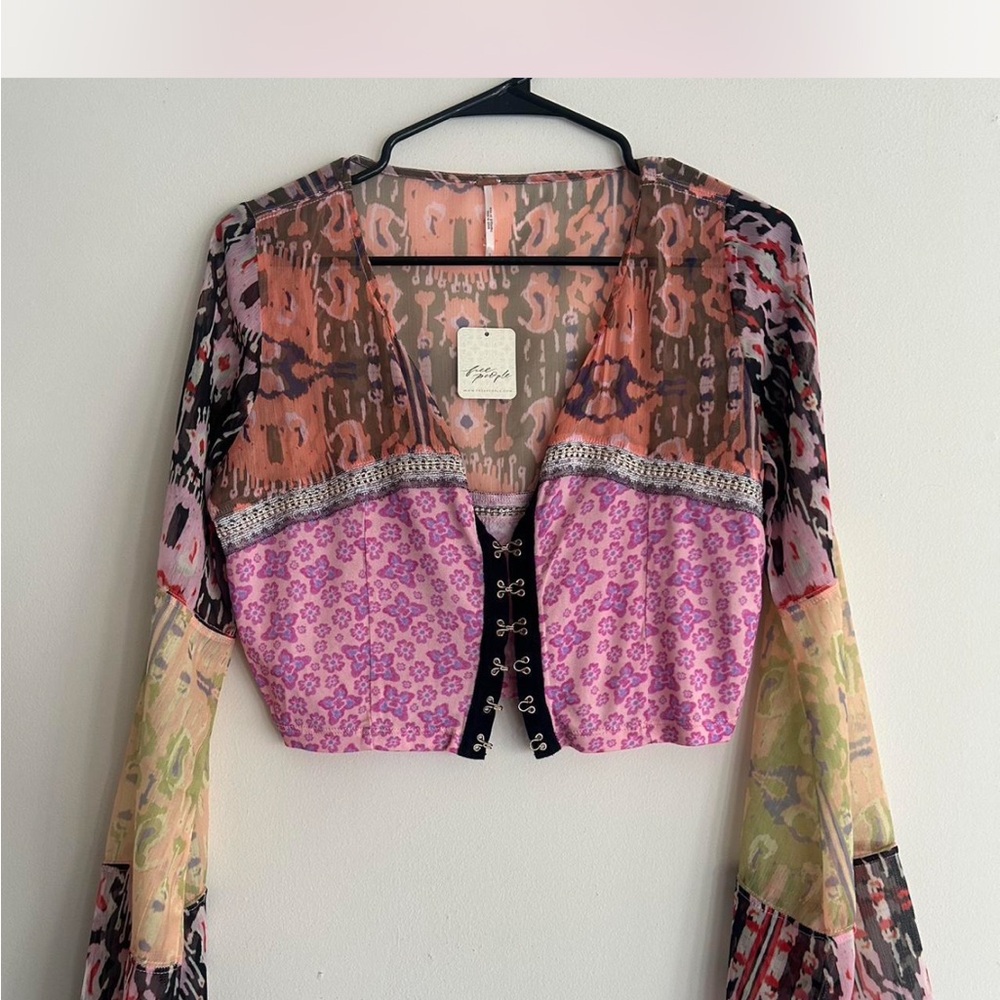 Free People Pink and Black Crop Tie Front Blouse